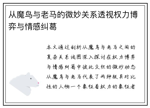 从魔鸟与老马的微妙关系透视权力博弈与情感纠葛